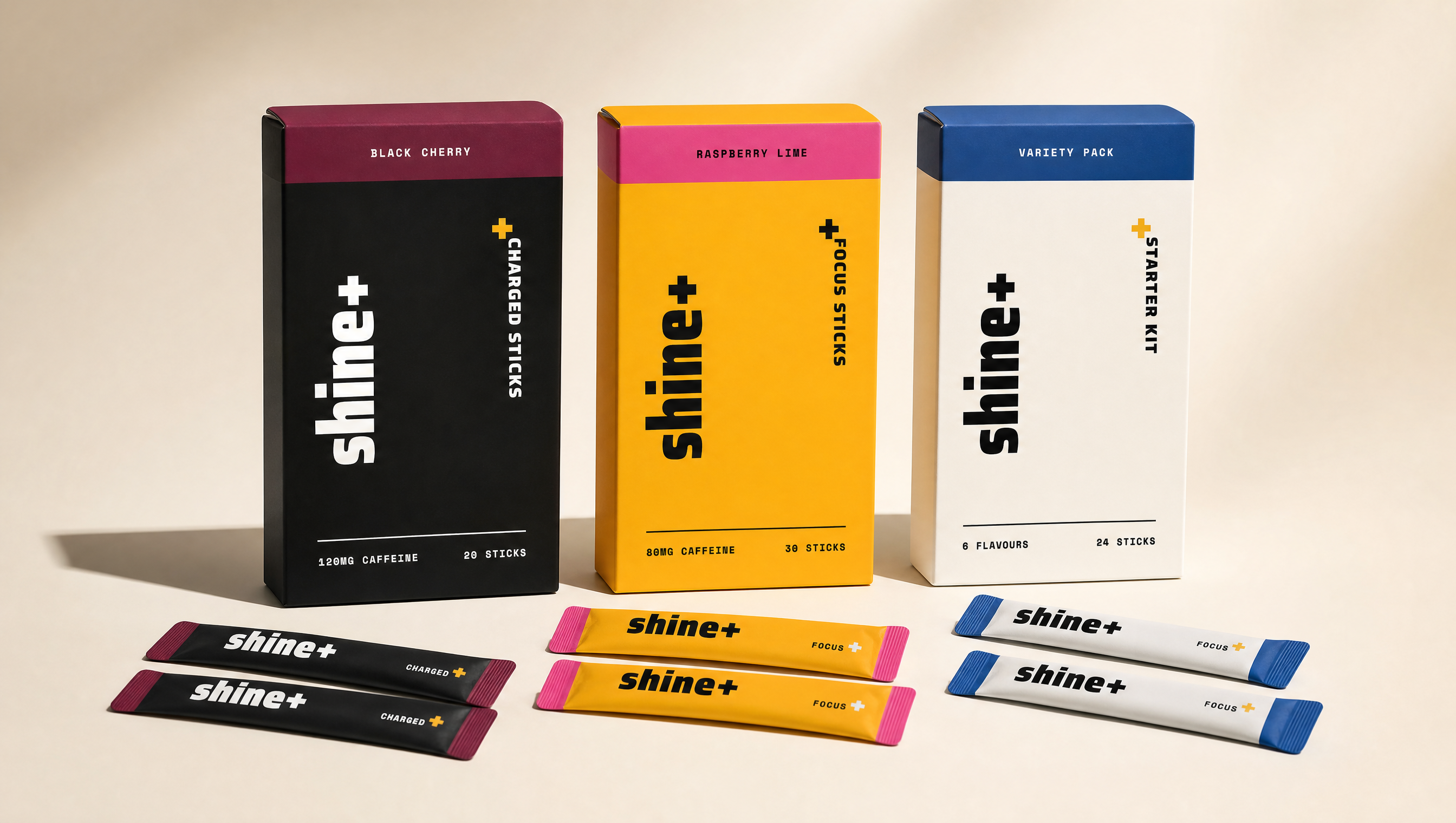 Shine+ sticks cartons and sachets