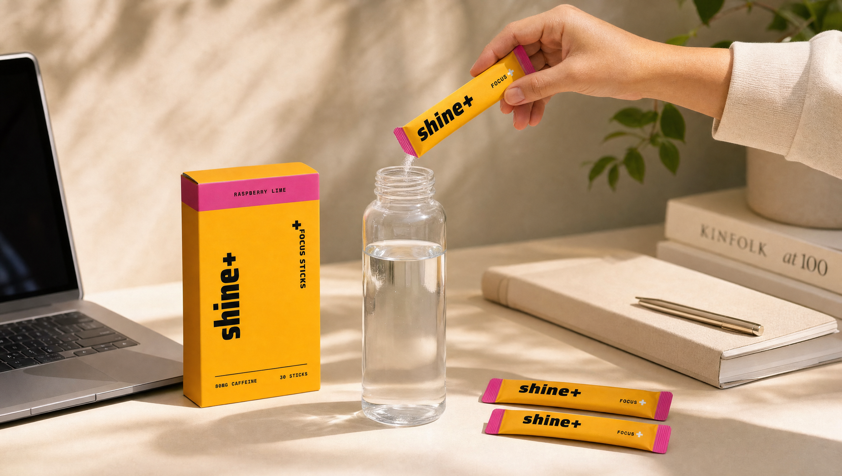 Shine+ Focus stick poured into a water bottle on a desk